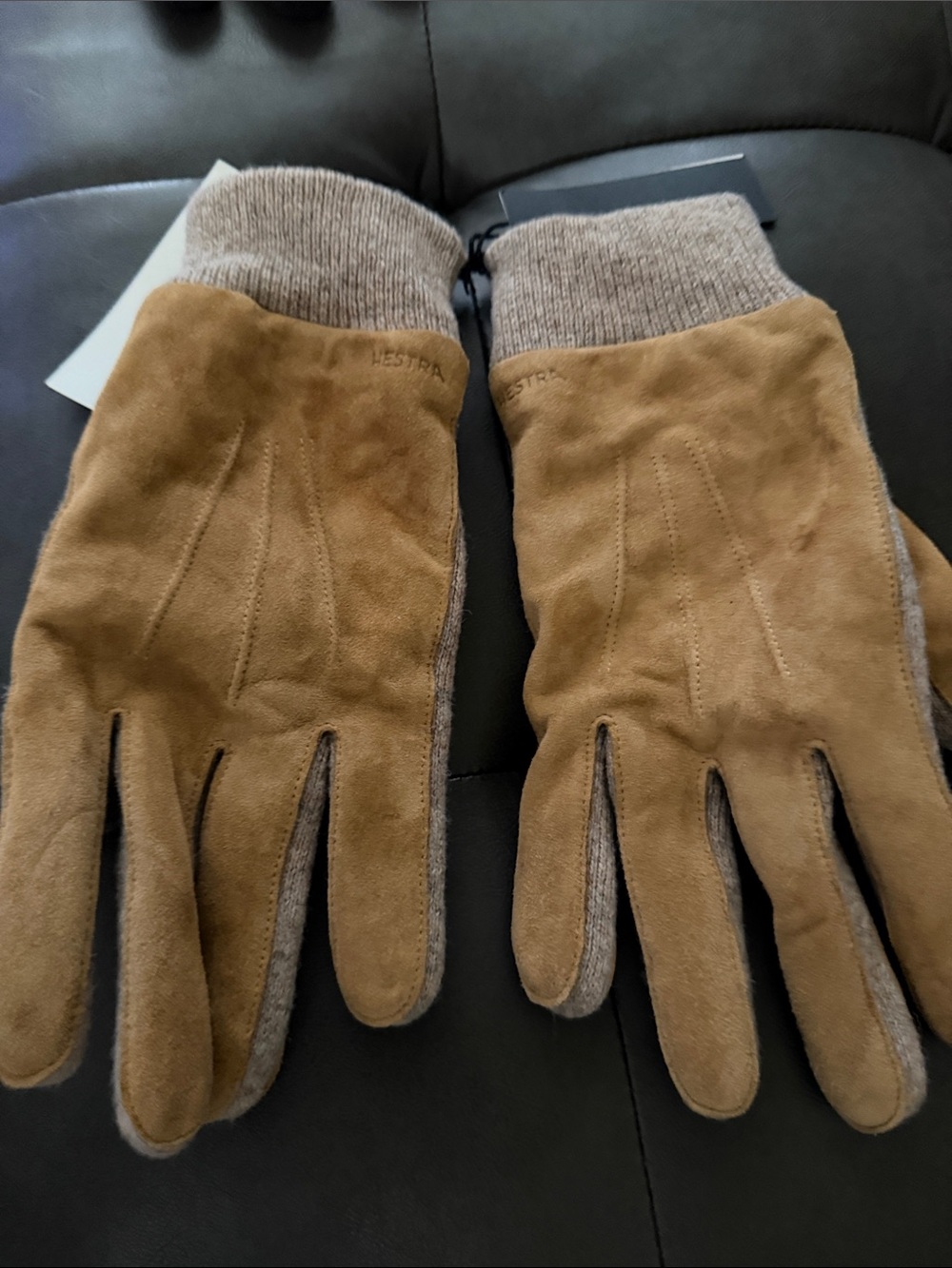Hestra Men's Suede Gloves with Knit Cuffs — Tan and Heathered Beige